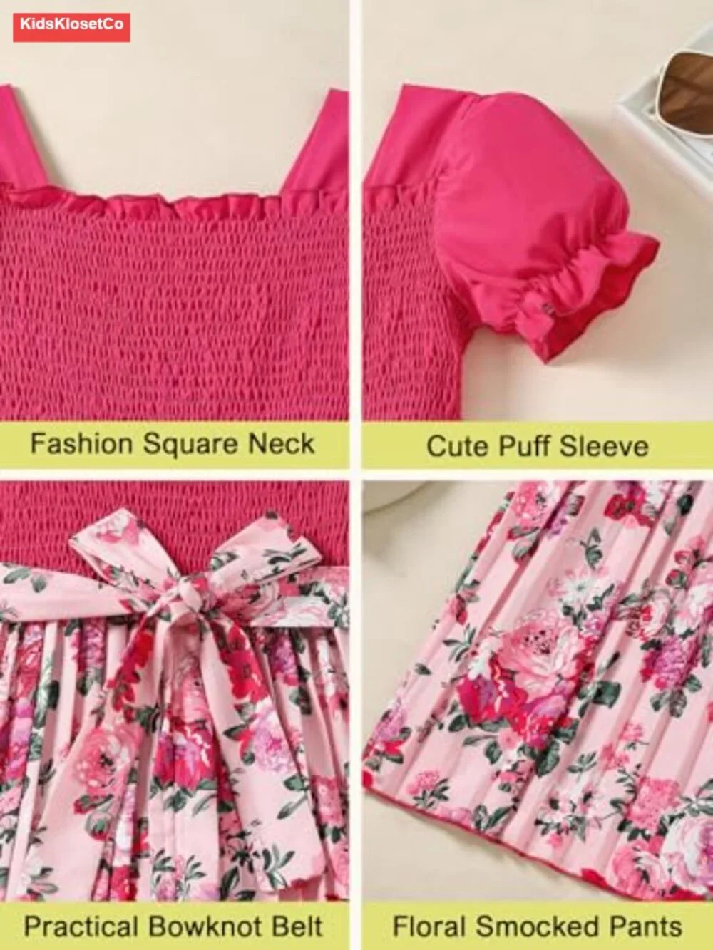 Girls Puff Sleeve Belted Wide Leg Jumpsuit Romper Floral Smocked